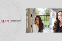 headshots of meaghan barakett and kara byron next to the fordham logo.