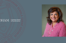 a headshot of shirley gatenio gabel next to the fordham gss logo