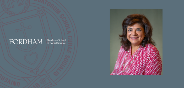 a headshot of shirley gatenio gabel next to the fordham gss logo