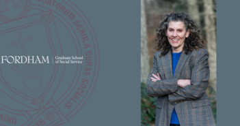 headshot of lauri goldkind next to the fordham gss logo