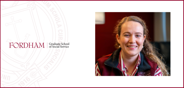 headshot of olivia meyer-jenette wearing a striped shirt and a maroon Fordham Graduate School of Social Service vest, positioned on the right side of the image. The left side displays the Fordham Graduate School of Social Service logo on a white background with a subtle watermark of the Fordham seal."