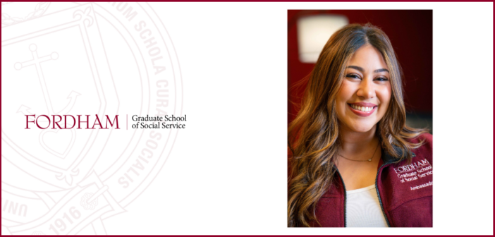 Sahiba Bhatnagar smiles for a headshot. She is wearing a maroon Fordham Graduate School of Social Service ambassador jacket, seated indoors with a blurred background. The Fordham University Graduate School of Social Service logo is displayed on the left side of the image.