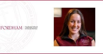 Why Social Work? Why Fordham? With Tess Palin, GSS ’26 headshot of Tess palin wearing a maroon Fordham Graduate School of Social Service vest with the word 'Ambassador' embroidered on it, positioned on the right side of the image. The left side features the Fordham Graduate School of Social Service logo on a white background with a subtle watermark of the Fordham seal.