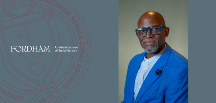 Headshot of G. Lawrence Farmer, wearing a bright blue blazer and light-colored shirt, posing against a neutral background. The Fordham University Graduate School of Social Service logo is displayed on the left side of the image.