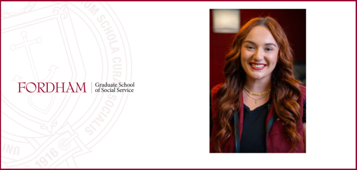 A headshot of Jennifer Gregoriano wearing a maroon Fordham GSS Student Ambassador vest. The image is framed alongside the Fordham Graduate School of Social Service logo and crest on a white background.