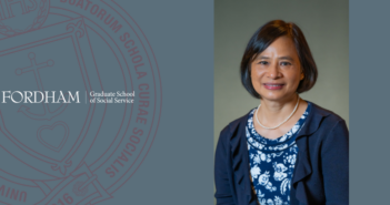 headshot of dr. winnie kung, wearing a navy cardigan and a floral-patterned dress, smiles in front of a neutral background. The image is paired with the Fordham Graduate School of Social Service logo and crest, set against a muted blue backdrop.