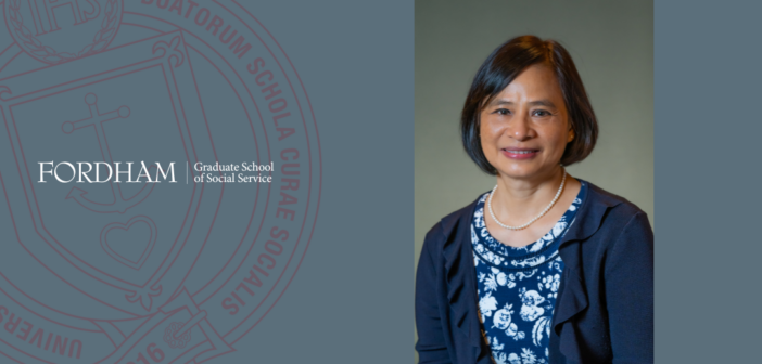 headshot of dr. winnie kung, wearing a navy cardigan and a floral-patterned dress, smiles in front of a neutral background. The image is paired with the Fordham Graduate School of Social Service logo and crest, set against a muted blue backdrop.