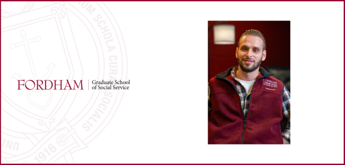 a headshot of mitchell selzer wearing a maroon Fordham GSS vest. To the left of the image, the Fordham University Graduate School of Social Service logo is displayed on a white background with a faint watermark of the university seal.
