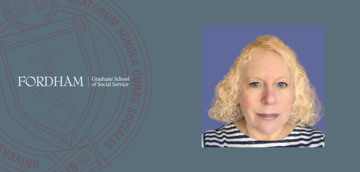 Professional headshot of Dr. Cathy Berkman, a faculty member at Fordham University's Graduate School of Social Service. She has short, curly blonde hair and wears a striped navy and white top. The background features the Fordham GSS logo on a muted blue backdrop.
