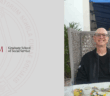 a photo of Marc Pintel sitting at a restaurant, smiling. He wears a black shirt and jacket, and glasses. To his left is the fordham gss logo and school seal. the background of the entire image is grey.