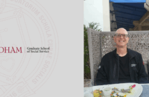 a photo of Marc Pintel sitting at a restaurant, smiling. He wears a black shirt and jacket, and glasses. To his left is the fordham gss logo and school seal. the background of the entire image is grey.