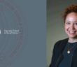 kimberly hudson headshot next to a maroon gss seal on a blue background