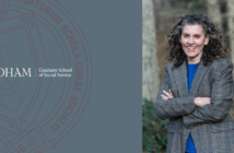 a headshot of dr. lauri goldkind with her arms crossed and smiling next to the gss seal and logo