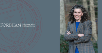 a headshot of dr. lauri goldkind with her arms crossed and smiling next to the gss seal and logo