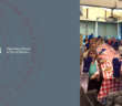participants of the film screening sit at a long table eating lunch, holding up their complimentary oven mitts and smiling. to the left is the gss seal and logo.