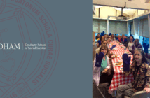 participants of the film screening sit at a long table eating lunch, holding up their complimentary oven mitts and smiling. to the left is the gss seal and logo.