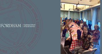 participants of the film screening sit at a long table eating lunch, holding up their complimentary oven mitts and smiling. to the left is the gss seal and logo.