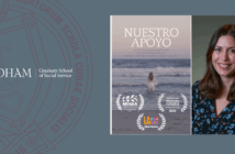 a photo of jenn lilly and the artwork for nuestro apoyo next to the fordham gss logo and seal.