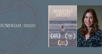 a photo of jenn lilly and the artwork for nuestro apoyo next to the fordham gss logo and seal.
