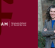 Fordham Graduate School of Social Service graphic featuring the Fordham logo on a maroon background and a portrait of Professor Lauri Goldkind, Ph.D., standing outdoors with arms crossed, wearing a plaid blazer over a blue top, and smiling.