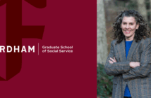 Fordham Graduate School of Social Service graphic featuring the Fordham logo on a maroon background and a portrait of Professor Lauri Goldkind, Ph.D., standing outdoors with arms crossed, wearing a plaid blazer over a blue top, and smiling.