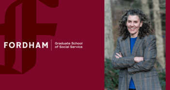 Fordham Graduate School of Social Service graphic featuring the Fordham logo on a maroon background and a portrait of Professor Lauri Goldkind, Ph.D., standing outdoors with arms crossed, wearing a plaid blazer over a blue top, and smiling.