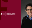 Fordham Graduate School of Social Service graphic featuring the Fordham logo on a maroon background and a portrait of Associate Professor Laura Wernick, Ph.D., wearing glasses, a blue collared shirt, and a black sweater, smiling against a dark background.