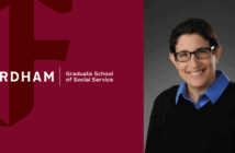 Fordham Graduate School of Social Service graphic featuring the Fordham logo on a maroon background and a portrait of Associate Professor Laura Wernick, Ph.D., wearing glasses, a blue collared shirt, and a black sweater, smiling against a dark background.