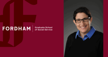 Fordham Graduate School of Social Service graphic featuring the Fordham logo on a maroon background and a portrait of Associate Professor Laura Wernick, Ph.D., wearing glasses, a blue collared shirt, and a black sweater, smiling against a dark background.