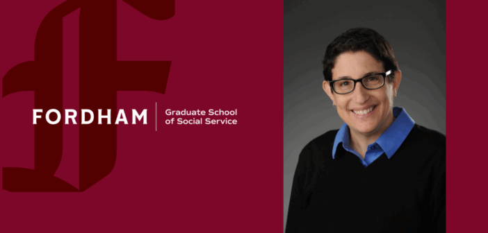 Fordham Graduate School of Social Service graphic featuring the Fordham logo on a maroon background and a portrait of Associate Professor Laura Wernick, Ph.D., wearing glasses, a blue collared shirt, and a black sweater, smiling against a dark background.