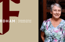 a headshot of Anita quinn next to the fordham gss logo and the fordham gothic F logo. the background of the image is gold.