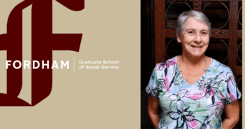 a headshot of Anita quinn next to the fordham gss logo and the fordham gothic F logo. the background of the image is gold.